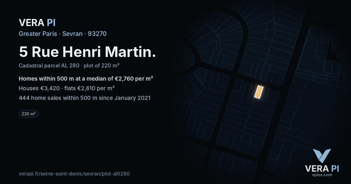5 Rue Henri Martin, Sevran at night – the plot lit, the parcels around coloured by the prices near them