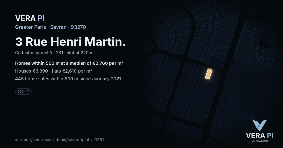 3 Rue Henri Martin, Sevran at night – the plot lit, the parcels around coloured by the prices near them