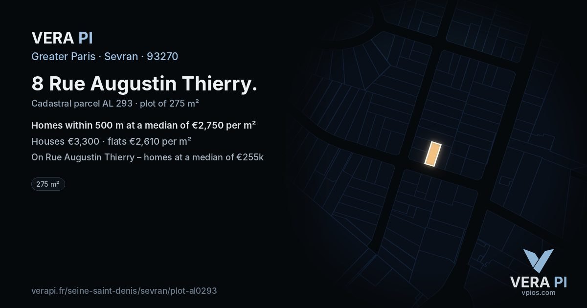 8 Rue Augustin Thierry, Sevran at night – the plot lit, the parcels around coloured by the prices near them