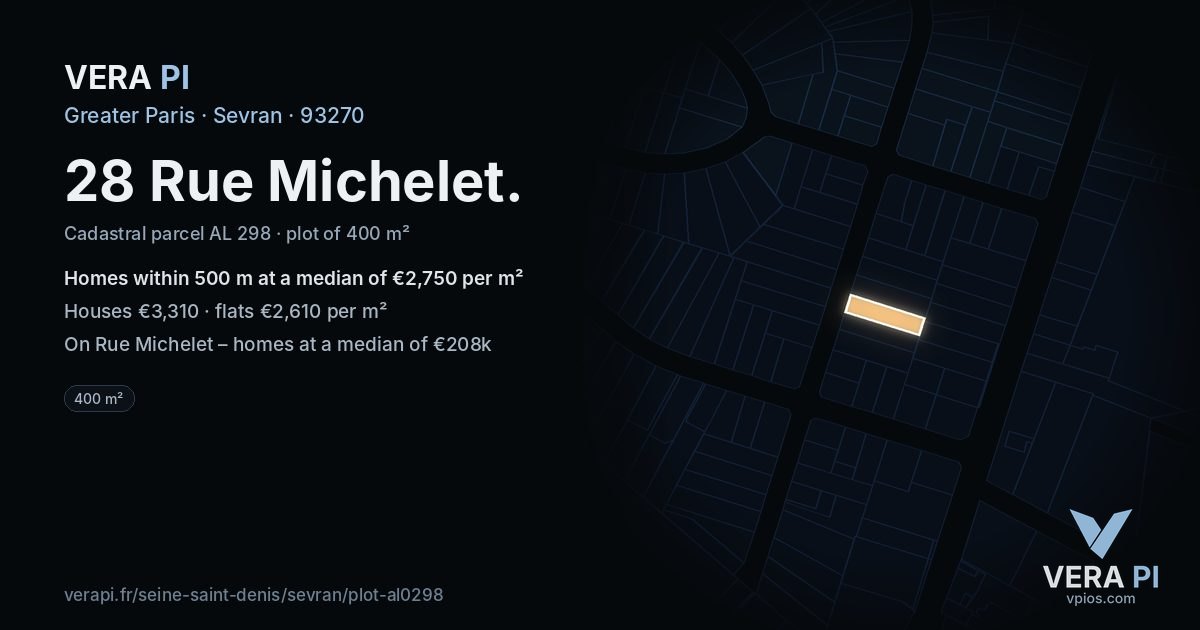28 Rue Michelet, Sevran at night – the plot lit, the parcels around coloured by the prices near them