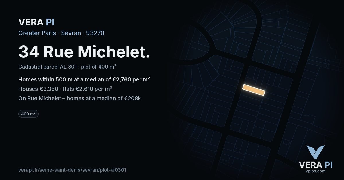34 Rue Michelet, Sevran at night – the plot lit, the parcels around coloured by the prices near them
