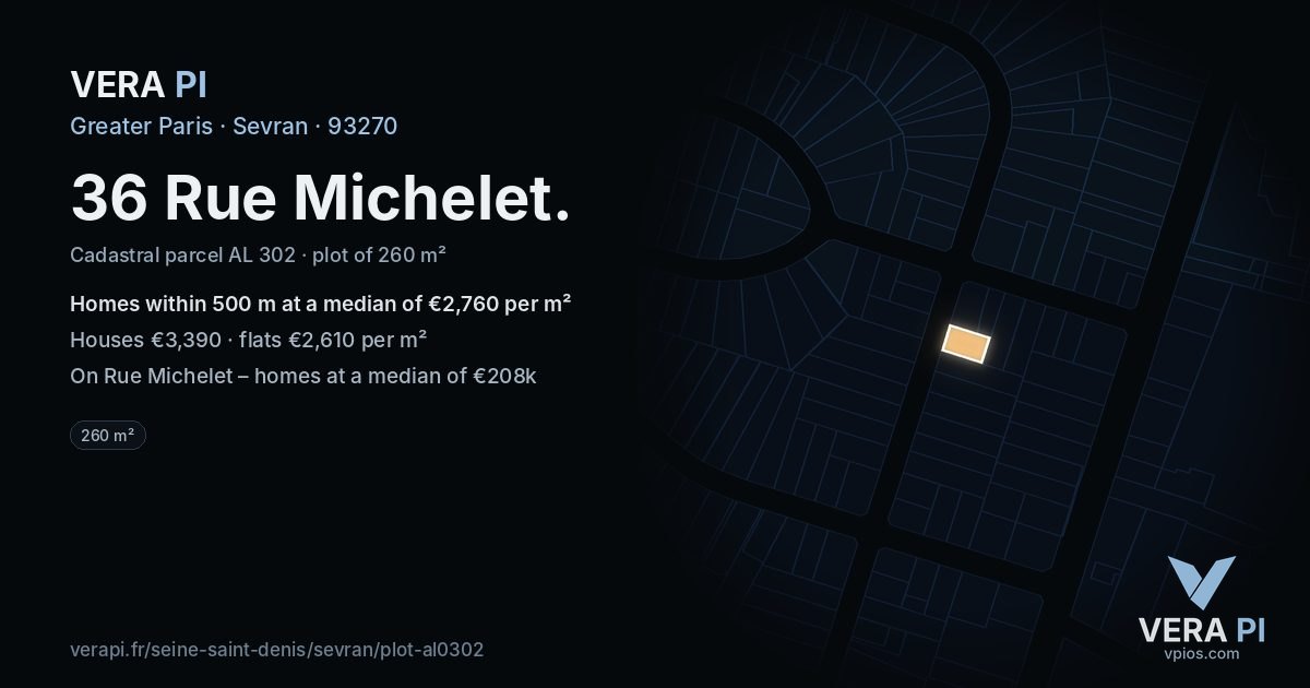 36 Rue Michelet, Sevran at night – the plot lit, the parcels around coloured by the prices near them