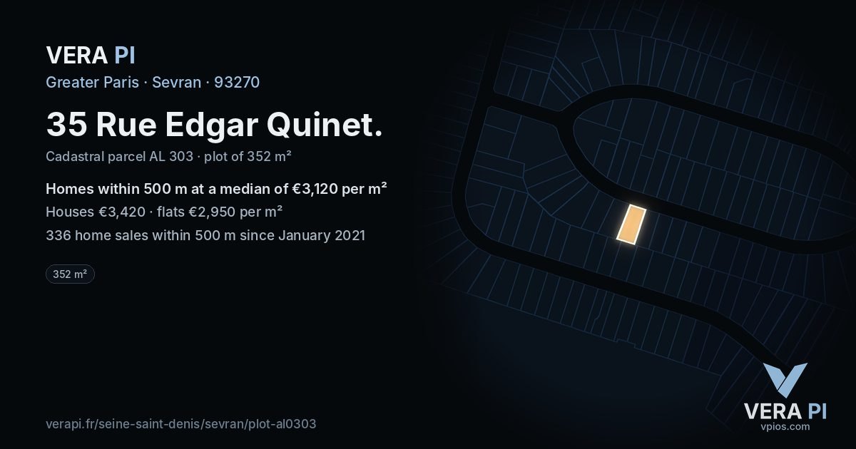 35 Rue Edgar Quinet, Sevran at night – the plot lit, the parcels around coloured by the prices near them