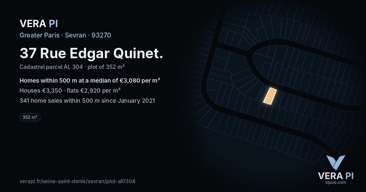 37 Rue Edgar Quinet, Sevran at night – the plot lit, the parcels around coloured by the prices near them