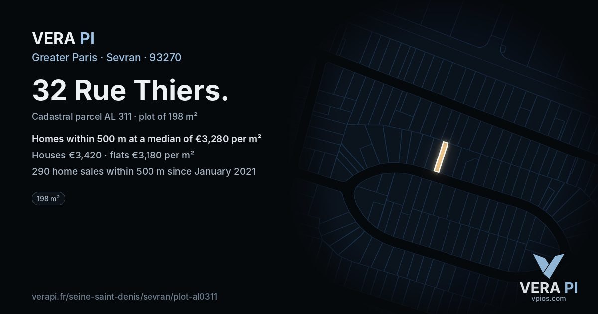 32 Rue Thiers, Sevran at night – the plot lit, the parcels around coloured by the prices near them