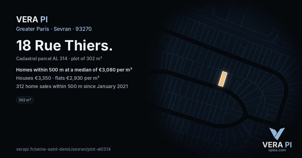 18 Rue Thiers, Sevran at night – the plot lit, the parcels around coloured by the prices near them