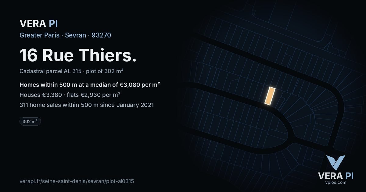 16 Rue Thiers, Sevran at night – the plot lit, the parcels around coloured by the prices near them
