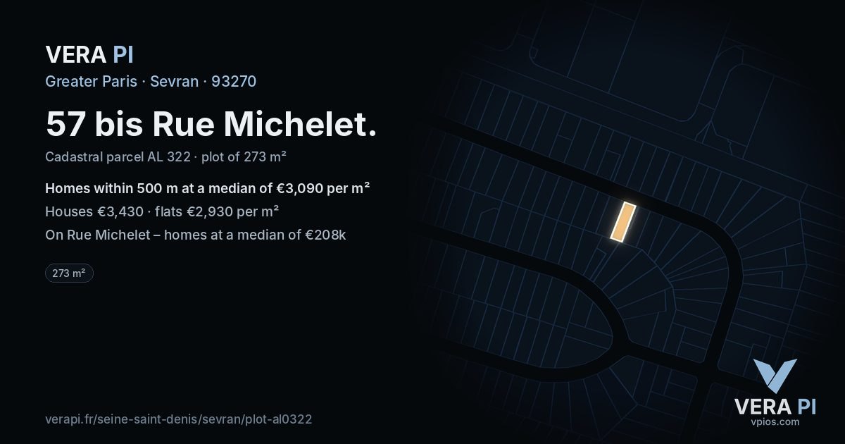 57 bis Rue Michelet, Sevran at night – the plot lit, the parcels around coloured by the prices near them