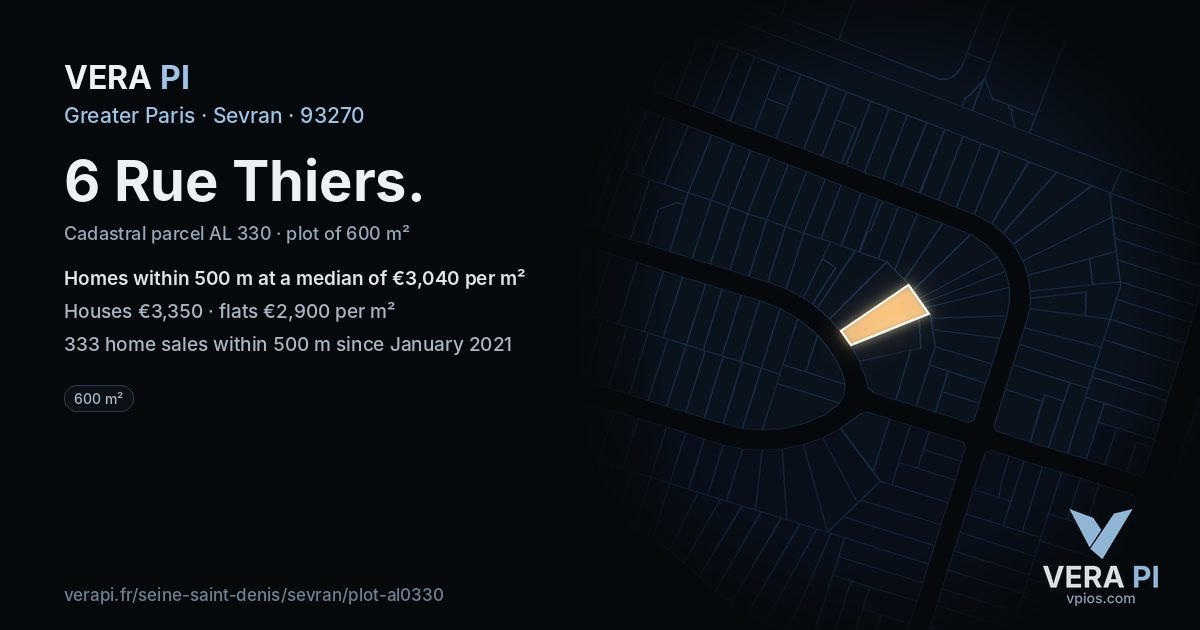 6 Rue Thiers, Sevran at night – the plot lit, the parcels around coloured by the prices near them