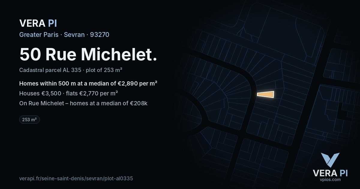 50 Rue Michelet, Sevran at night – the plot lit, the parcels around coloured by the prices near them