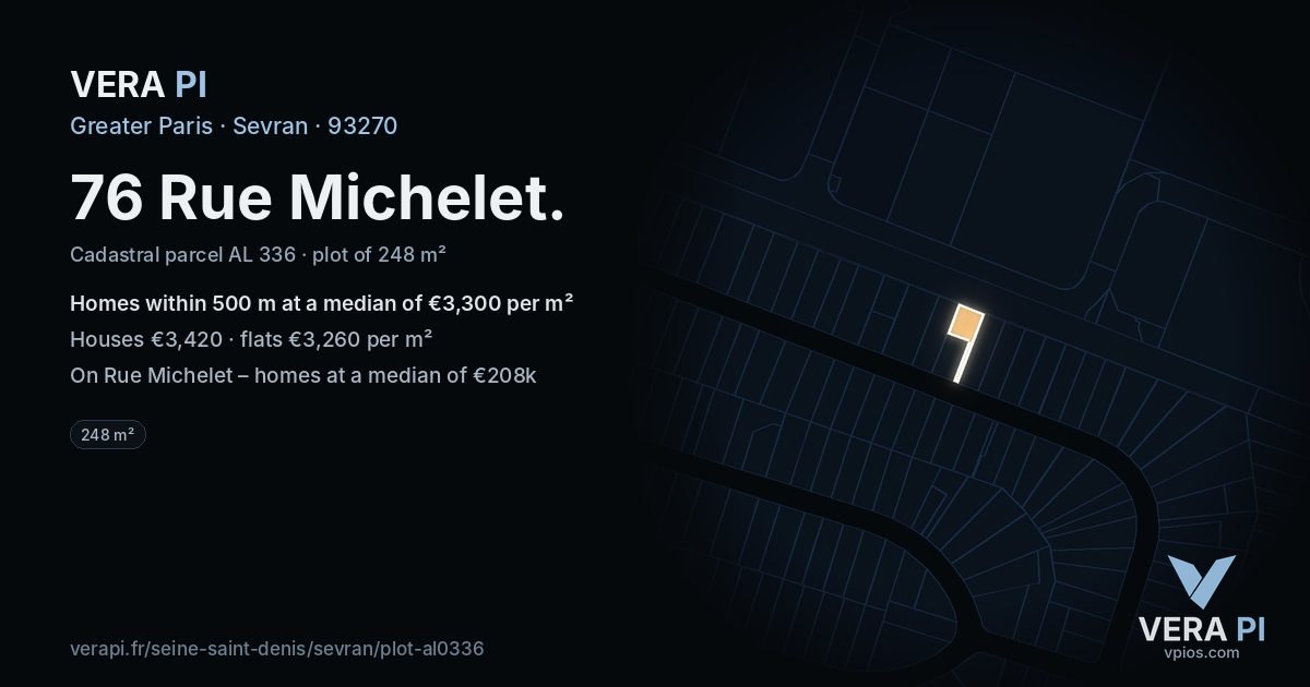 76 Rue Michelet, Sevran at night – the plot lit, the parcels around coloured by the prices near them