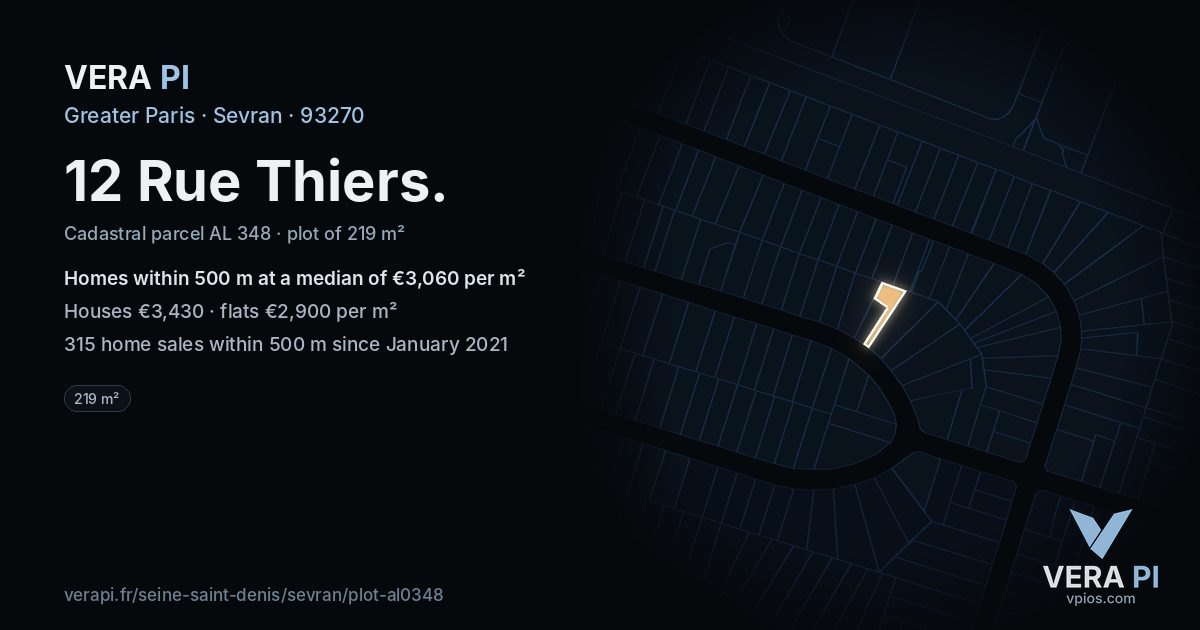 12 Rue Thiers, Sevran at night – the plot lit, the parcels around coloured by the prices near them