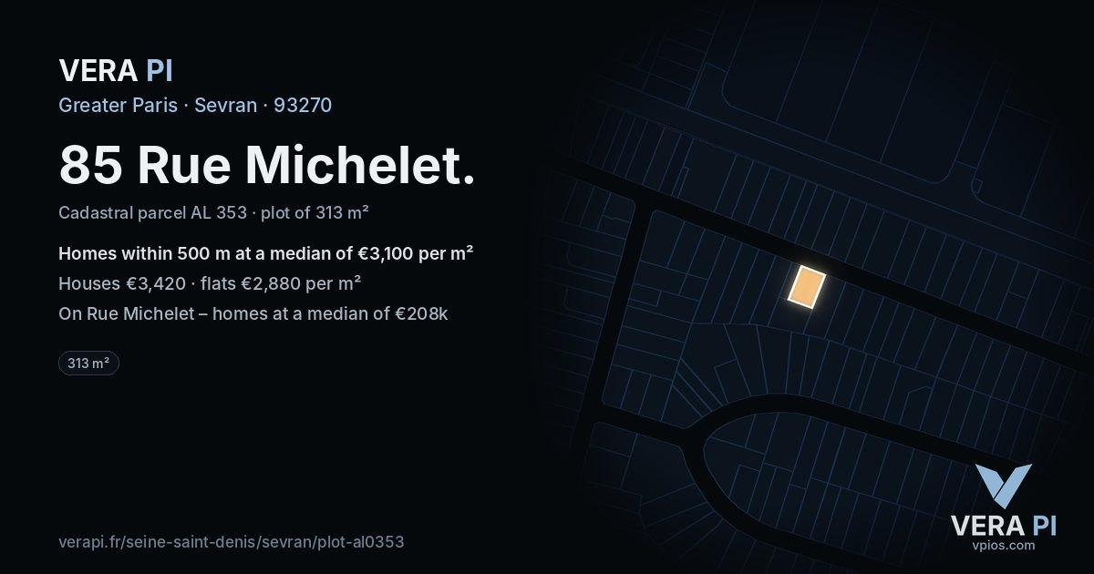 85 Rue Michelet, Sevran at night – the plot lit, the parcels around coloured by the prices near them