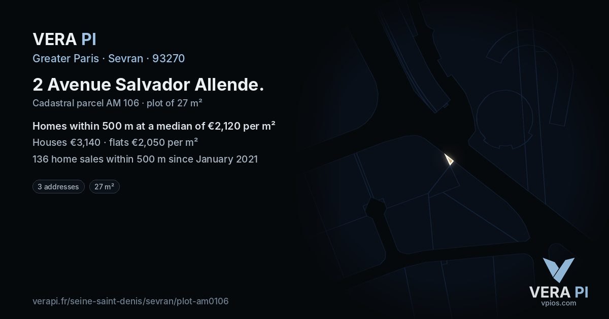 2 Avenue Salvador Allende, Sevran at night – the plot lit, the parcels around coloured by the prices near them