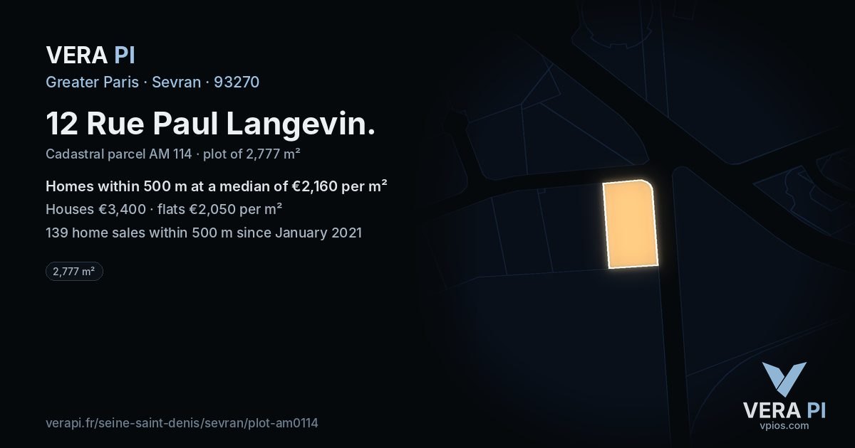 12 Rue Paul Langevin, Sevran at night – the plot lit, the parcels around coloured by the prices near them