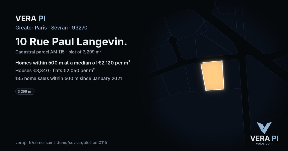 10 Rue Paul Langevin, Sevran at night – the plot lit, the parcels around coloured by the prices near them