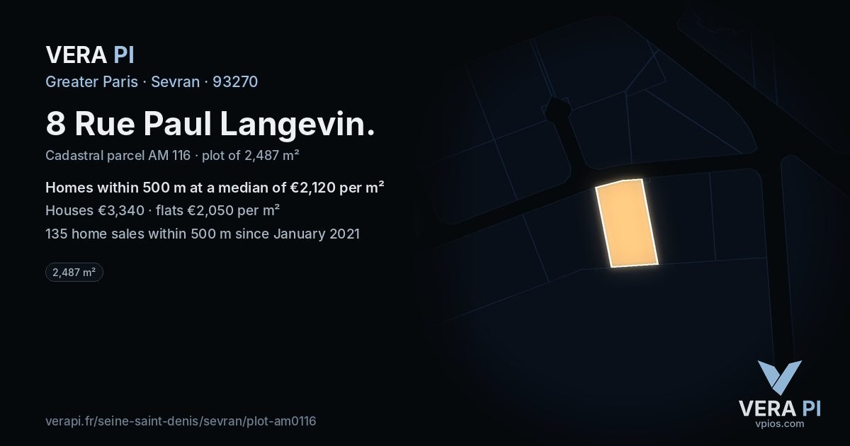 8 Rue Paul Langevin, Sevran at night – the plot lit, the parcels around coloured by the prices near them