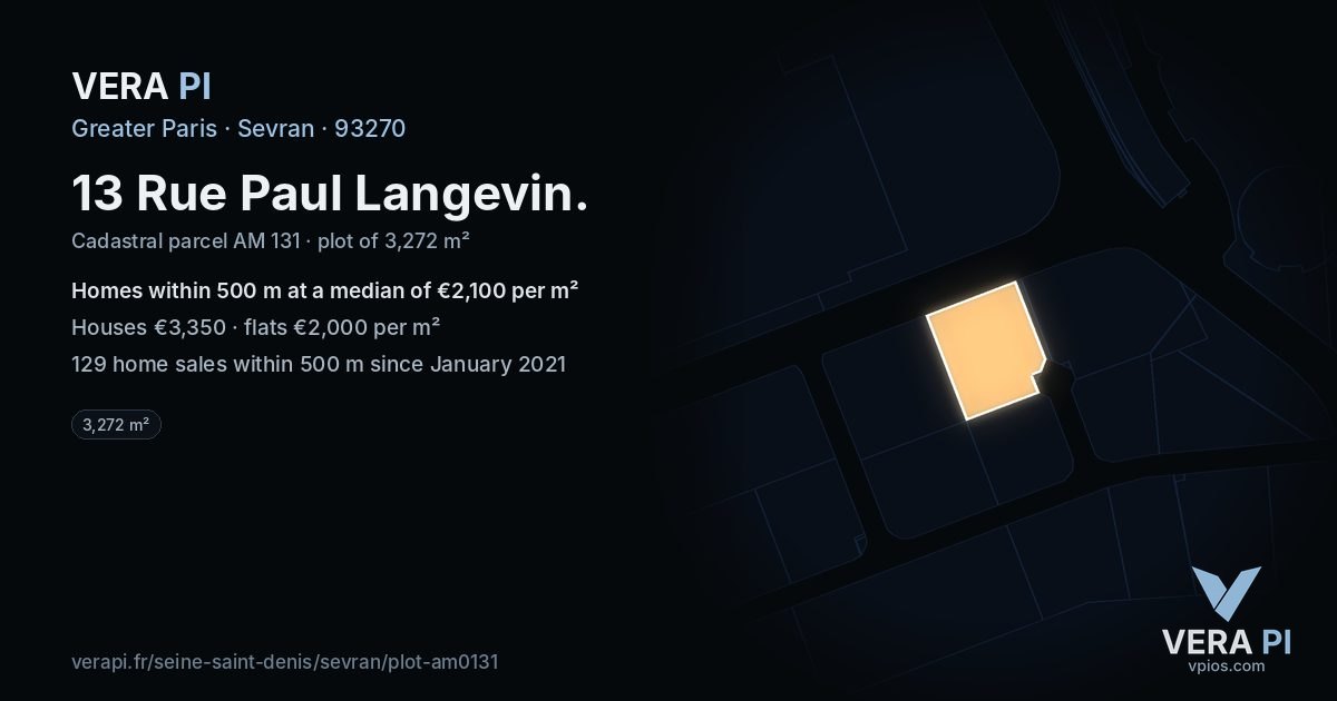 13 Rue Paul Langevin, Sevran at night – the plot lit, the parcels around coloured by the prices near them
