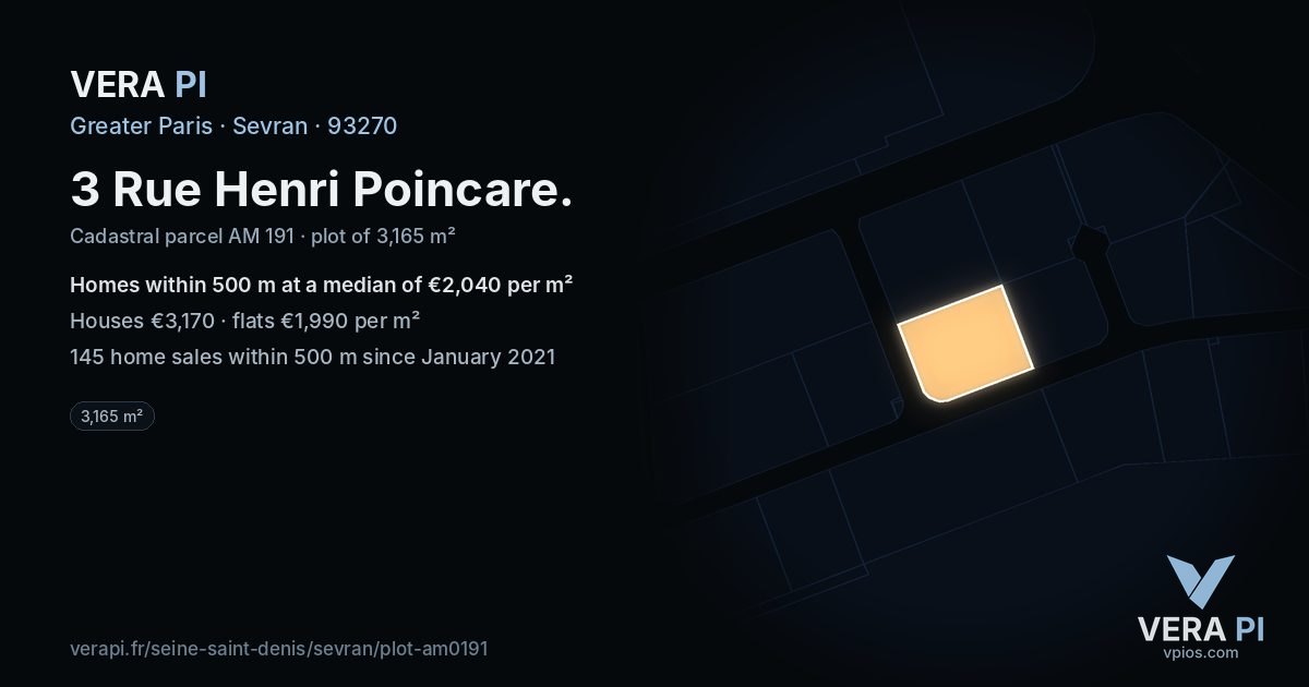3 Rue Henri Poincare, Sevran at night – the plot lit, the parcels around coloured by the prices near them