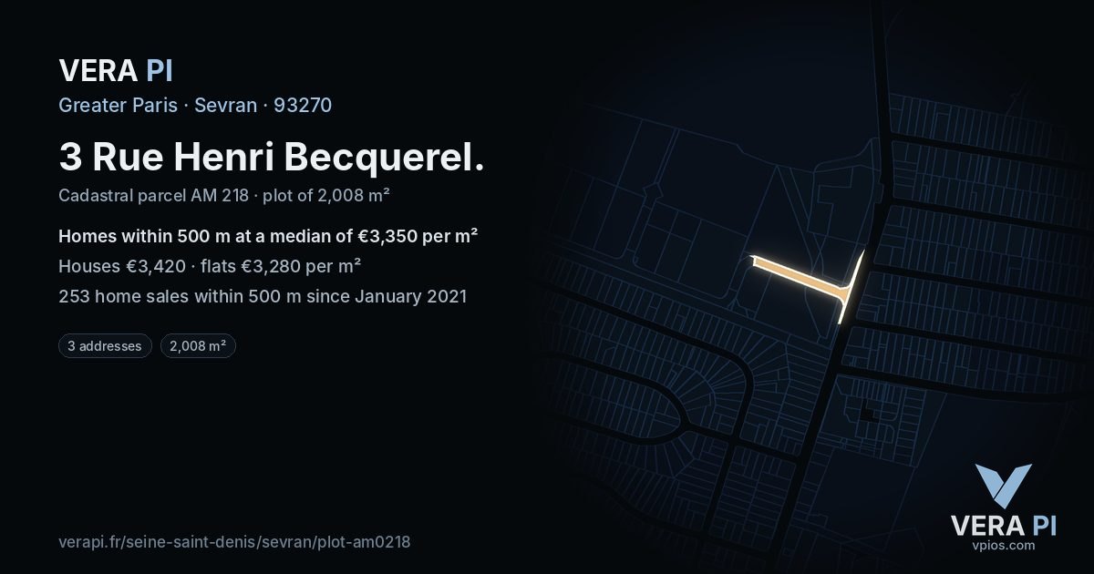 3 Rue Henri Becquerel, Sevran at night – the plot lit, the parcels around coloured by the prices near them