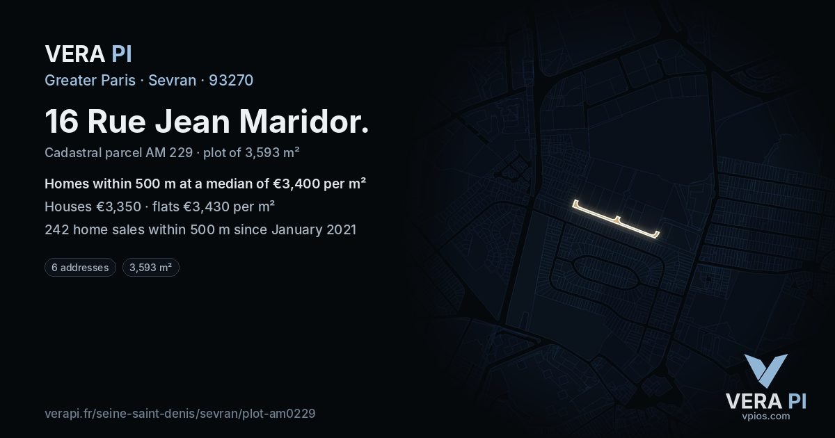 16 Rue Jean Maridor, Sevran at night – the plot lit, the parcels around coloured by the prices near them