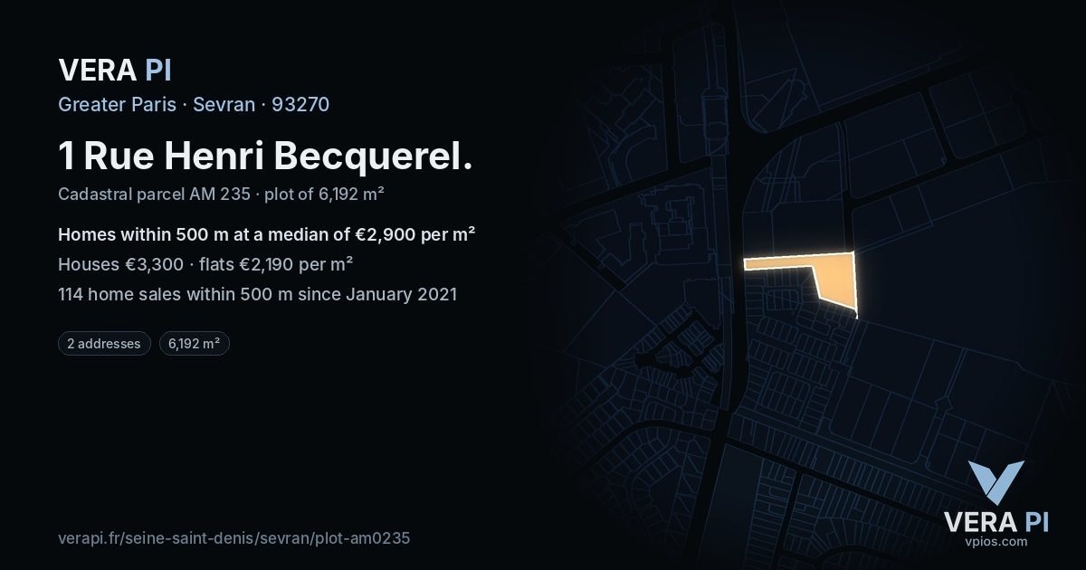 1 Rue Henri Becquerel, Sevran at night – the plot lit, the parcels around coloured by the prices near them