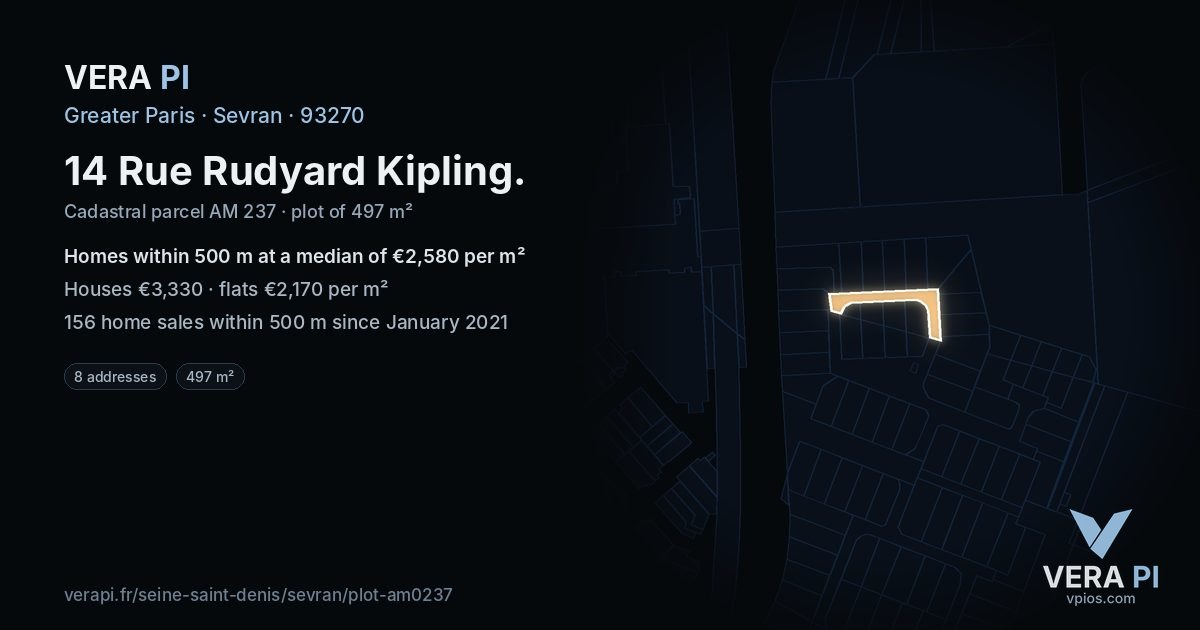 14 Rue Rudyard Kipling, Sevran at night – the plot lit, the parcels around coloured by the prices near them