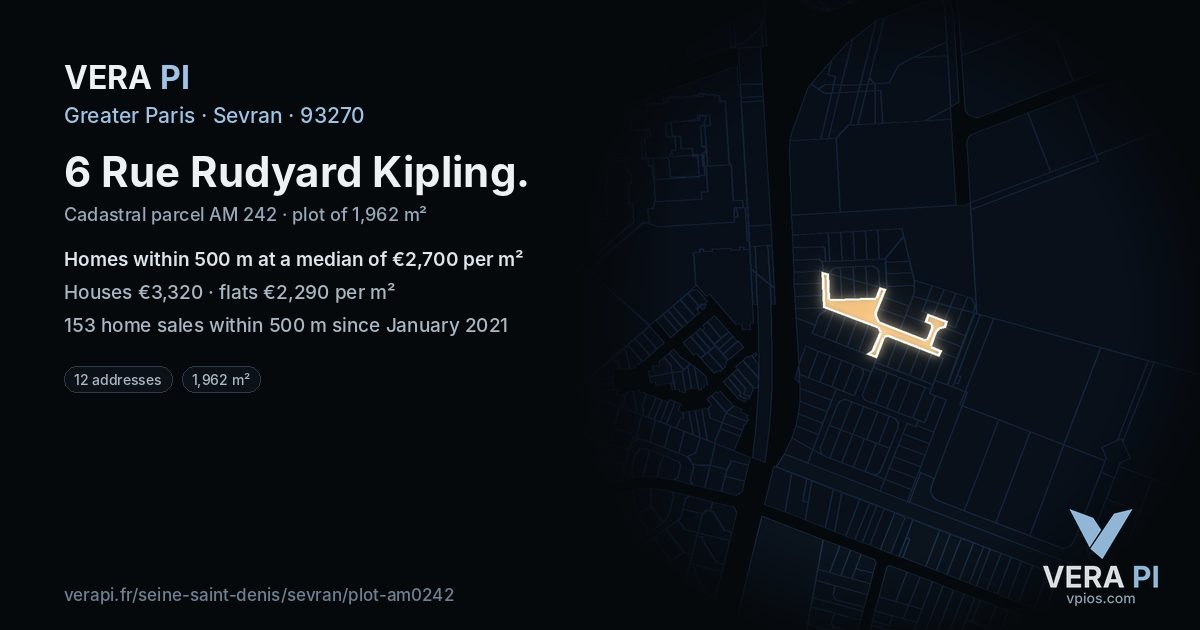 6 Rue Rudyard Kipling, Sevran at night – the plot lit, the parcels around coloured by the prices near them