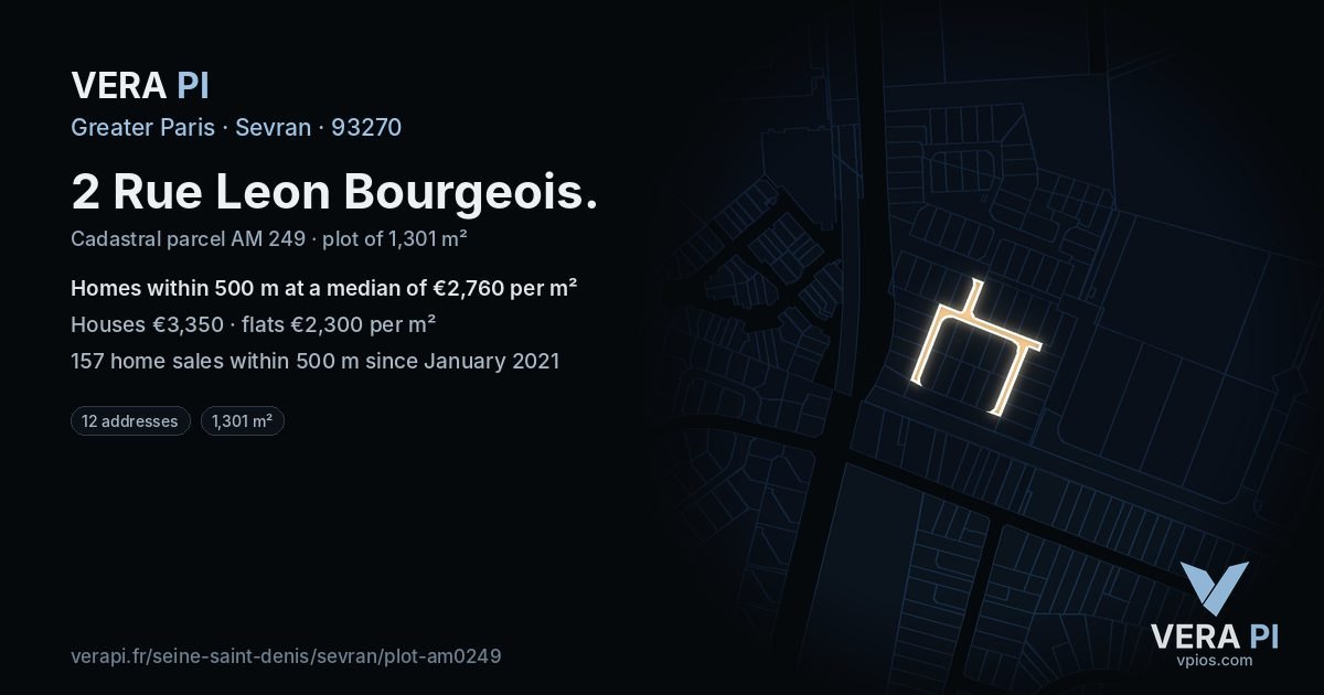 2 Rue Leon Bourgeois, Sevran at night – the plot lit, the parcels around coloured by the prices near them