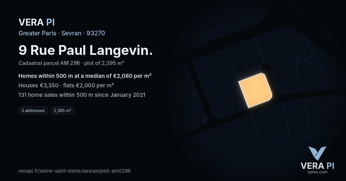 9 Rue Paul Langevin, Sevran at night – the plot lit, the parcels around coloured by the prices near them