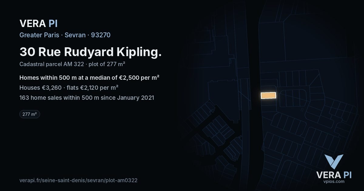 30 Rue Rudyard Kipling, Sevran at night – the plot lit, the parcels around coloured by the prices near them