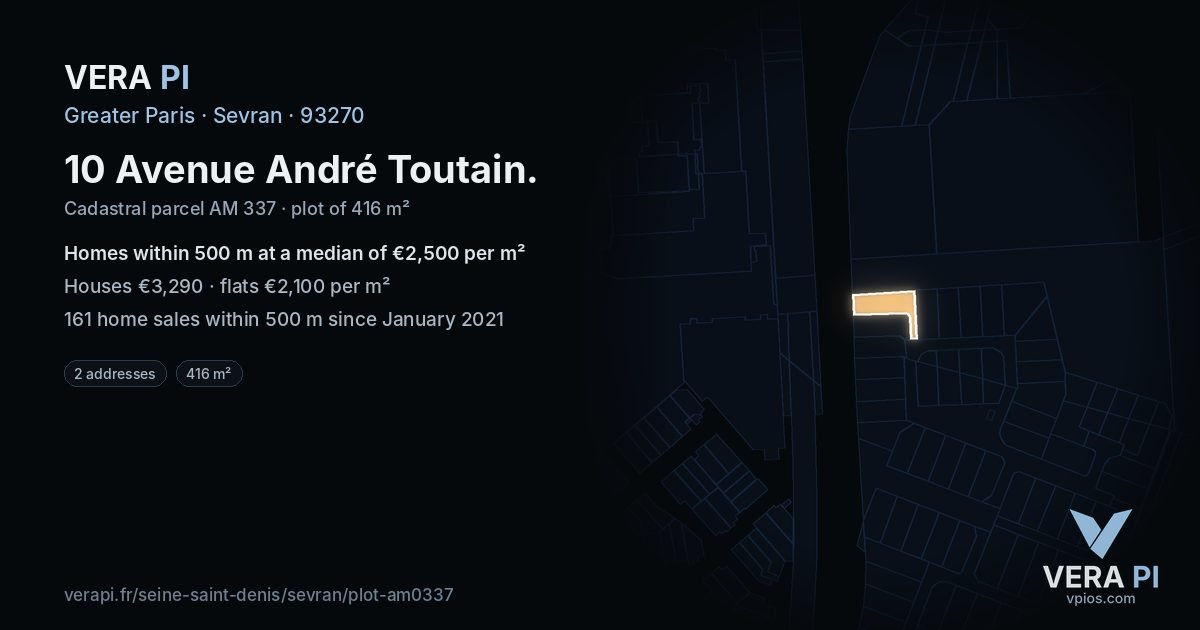10 Avenue André Toutain, Sevran at night – the plot lit, the parcels around coloured by the prices near them