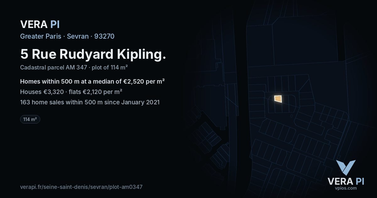 5 Rue Rudyard Kipling, Sevran at night – the plot lit, the parcels around coloured by the prices near them