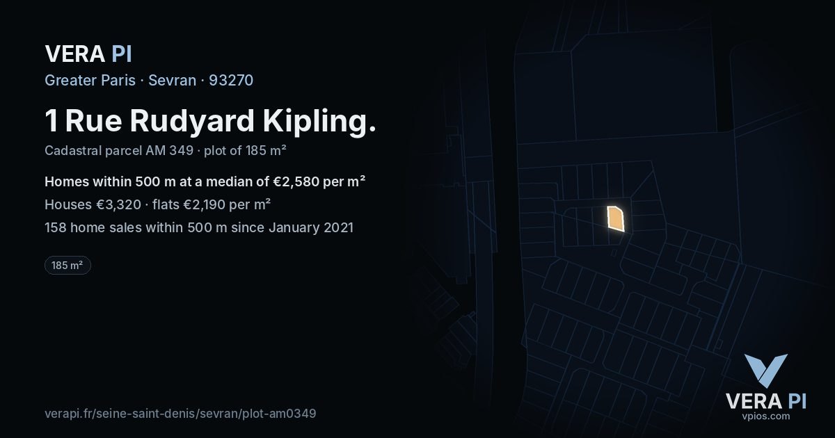 1 Rue Rudyard Kipling, Sevran at night – the plot lit, the parcels around coloured by the prices near them