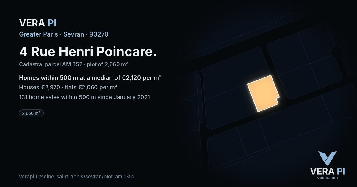 4 Rue Henri Poincare, Sevran at night – the plot lit, the parcels around coloured by the prices near them