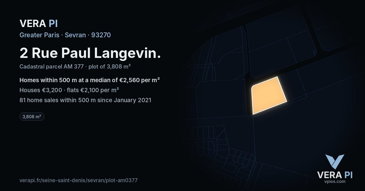 2 Rue Paul Langevin, Sevran at night – the plot lit, the parcels around coloured by the prices near them