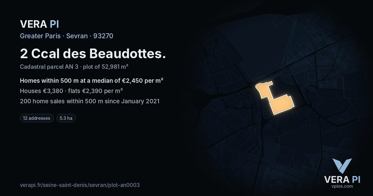 2 Ccal des Beaudottes, Sevran at night – the plot lit, the parcels around coloured by the prices near them