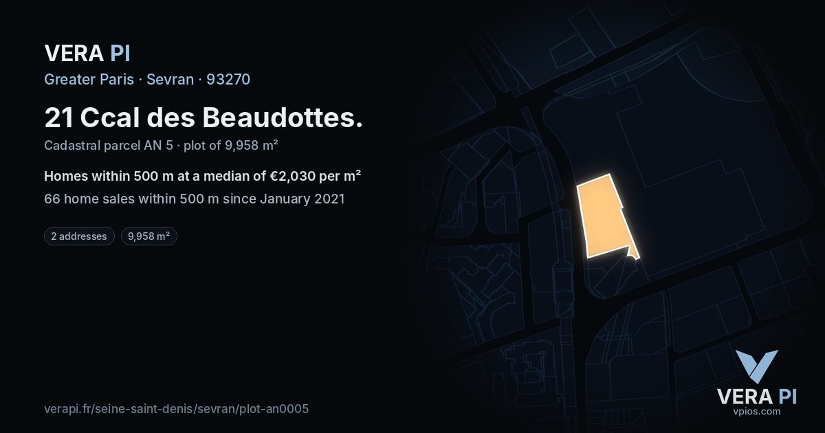 21 Ccal des Beaudottes, Sevran at night – the plot lit, the parcels around coloured by the prices near them