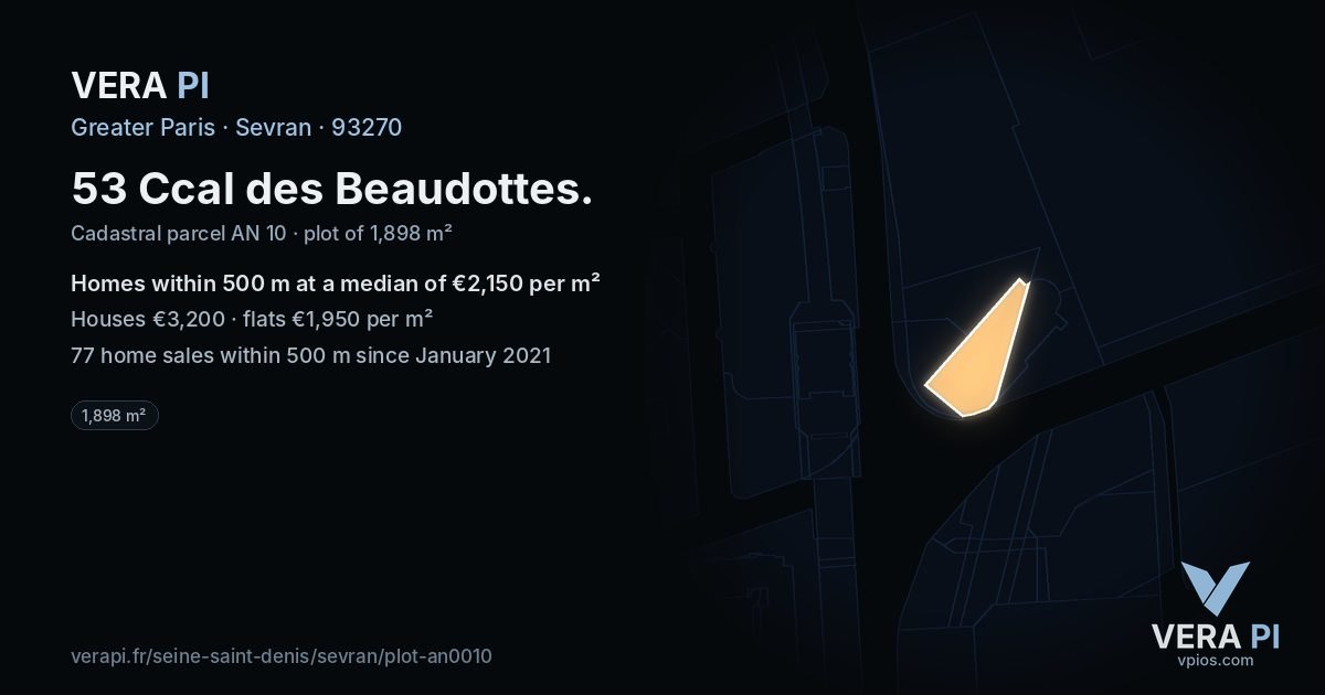 53 Ccal des Beaudottes, Sevran at night – the plot lit, the parcels around coloured by the prices near them
