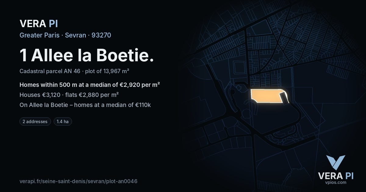 1 Allee la Boetie, Sevran at night – the plot lit, the parcels around coloured by the prices near them