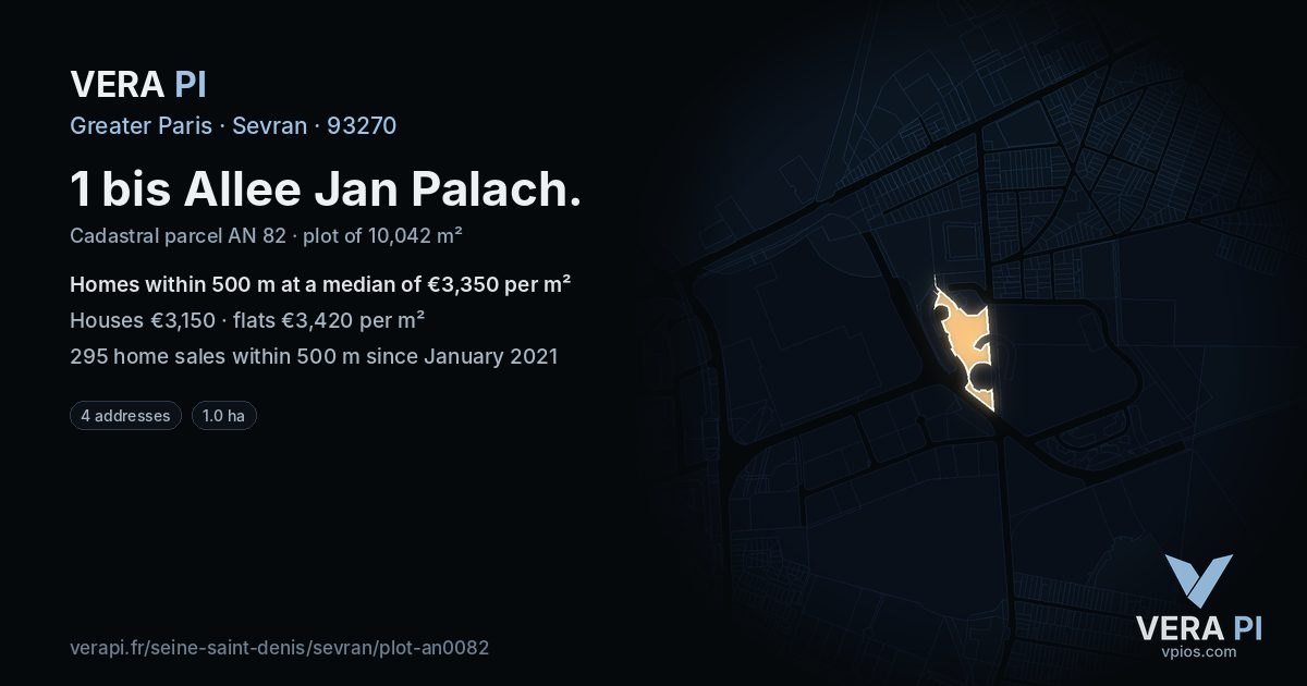 1 bis Allee Jan Palach, Sevran at night – the plot lit, the parcels around coloured by the prices near them