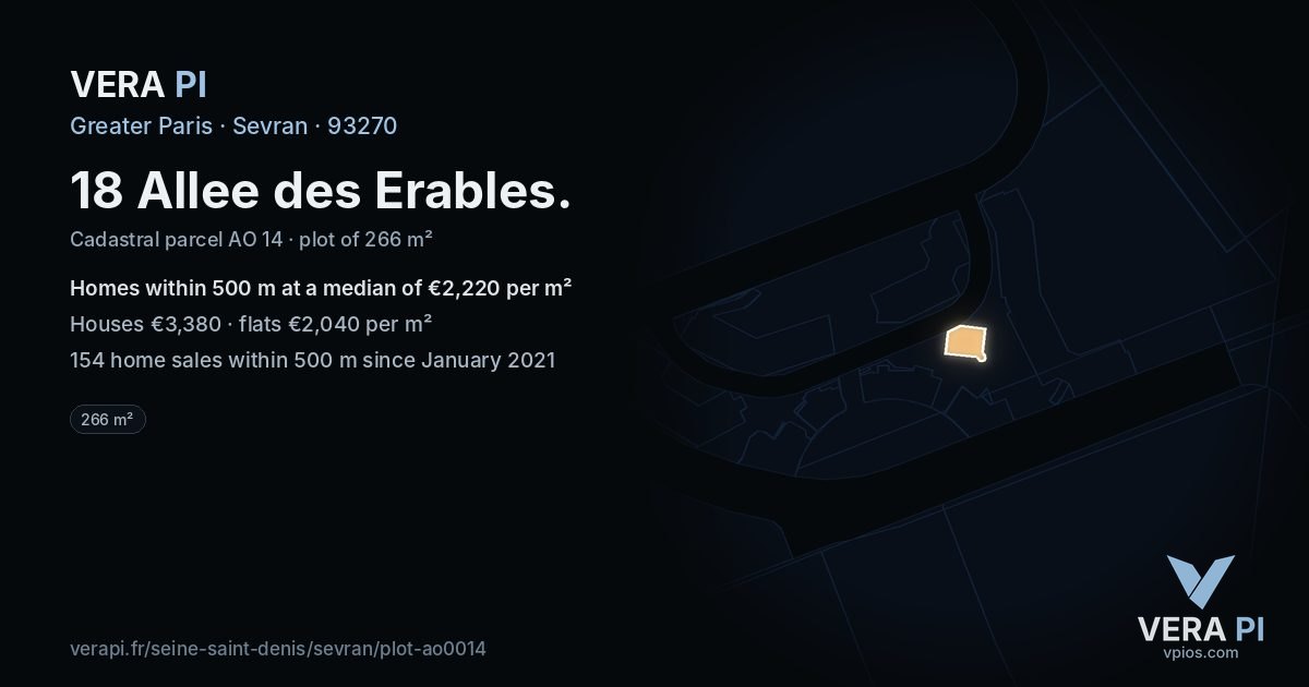18 Allee des Erables, Sevran at night – the plot lit, the parcels around coloured by the prices near them