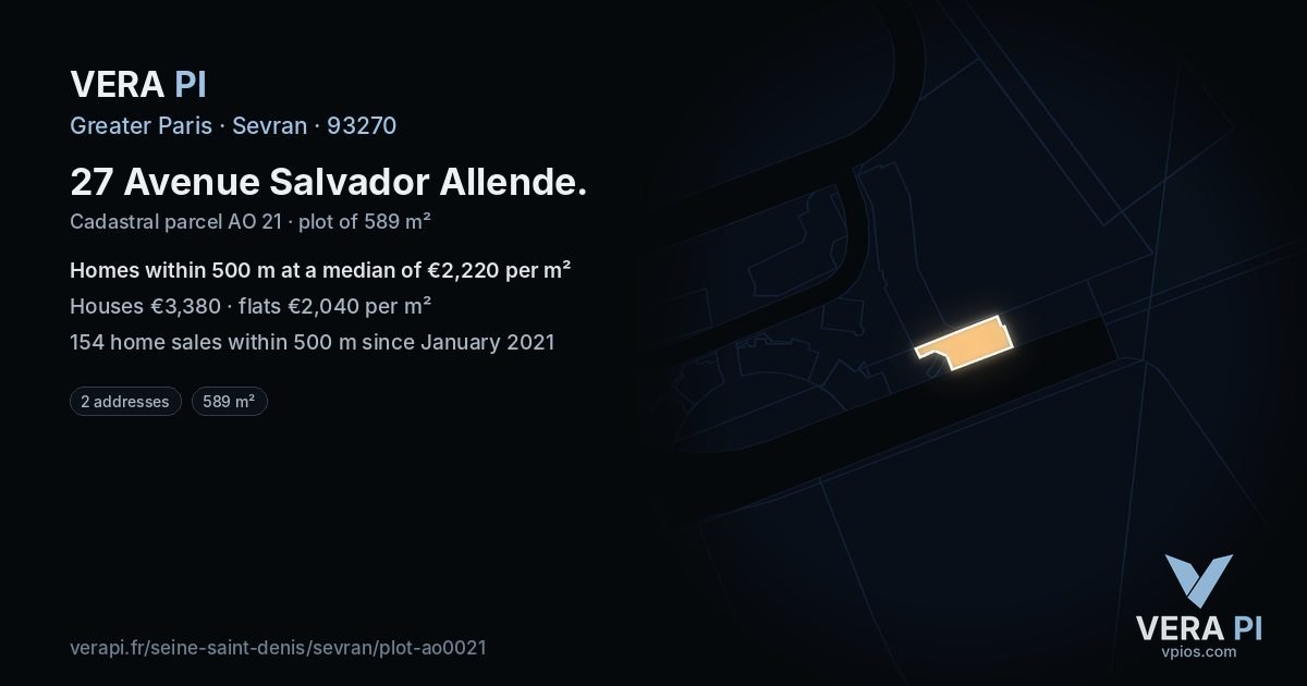27 Avenue Salvador Allende, Sevran at night – the plot lit, the parcels around coloured by the prices near them