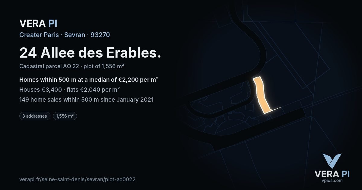 24 Allee des Erables, Sevran at night – the plot lit, the parcels around coloured by the prices near them