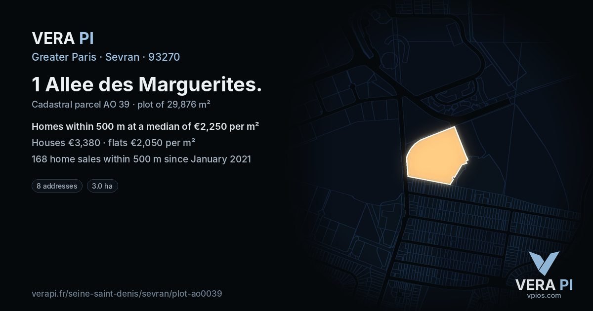 1 Allee des Marguerites, Sevran at night – the plot lit, the parcels around coloured by the prices near them