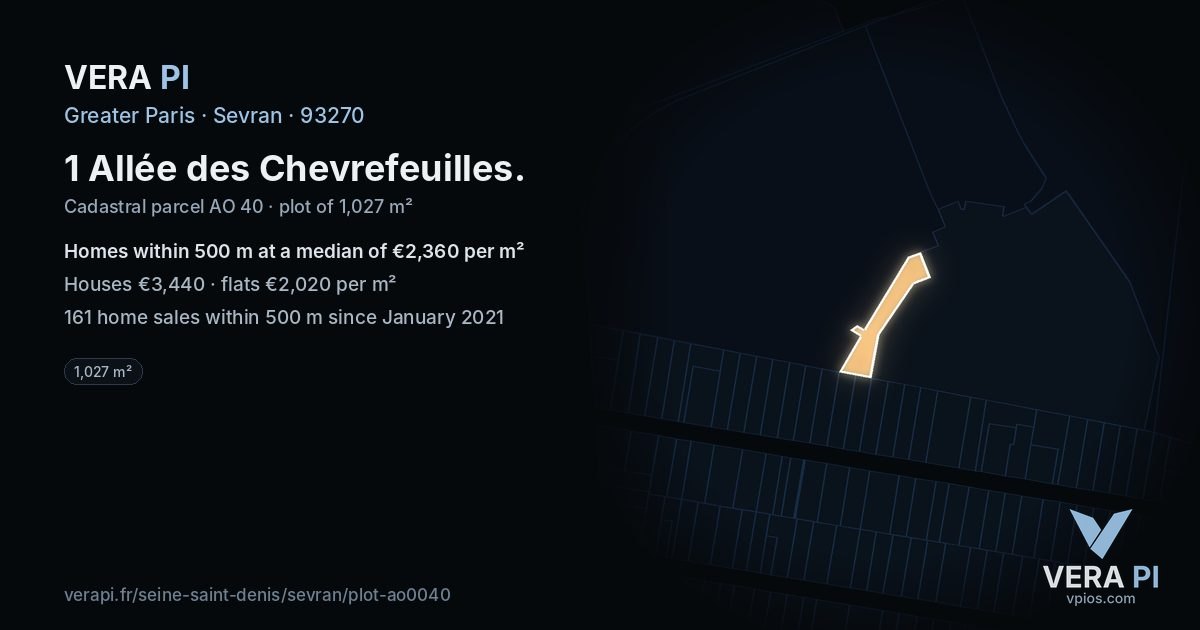 1 Allée des Chevrefeuilles, Sevran at night – the plot lit, the parcels around coloured by the prices near them