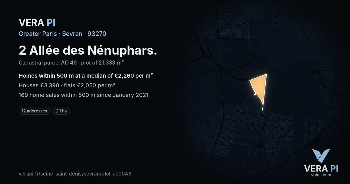2 Allée des Nénuphars, Sevran at night – the plot lit, the parcels around coloured by the prices near them