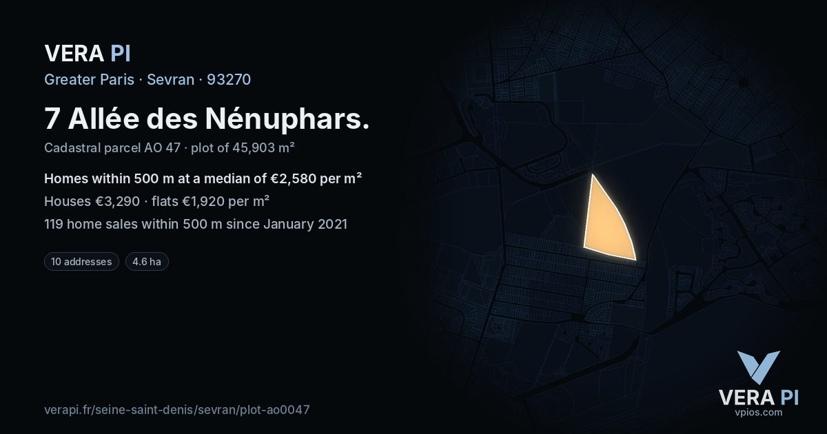 7 Allée des Nénuphars, Sevran at night – the plot lit, the parcels around coloured by the prices near them