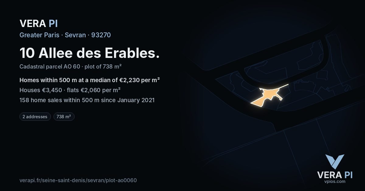 10 Allee des Erables, Sevran at night – the plot lit, the parcels around coloured by the prices near them