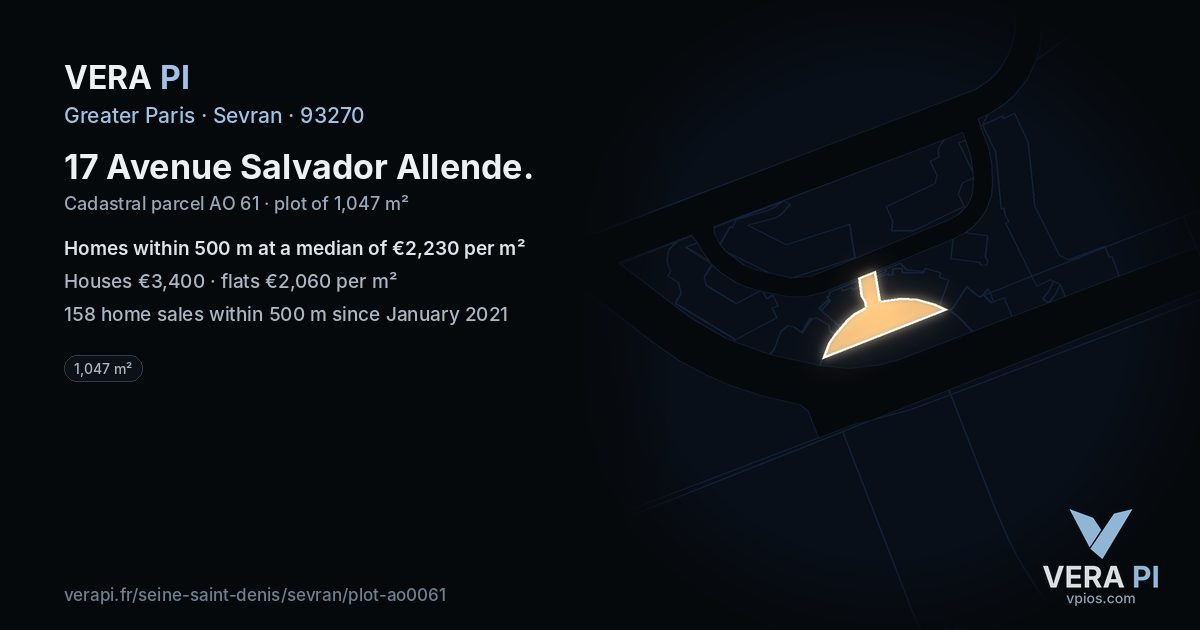 17 Avenue Salvador Allende, Sevran at night – the plot lit, the parcels around coloured by the prices near them